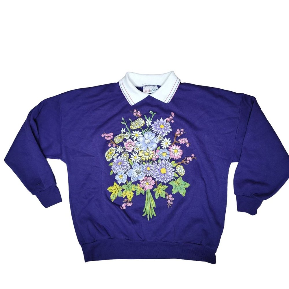 vintage grandmacore landnsea purple floral collard sweater SZ large made in USA